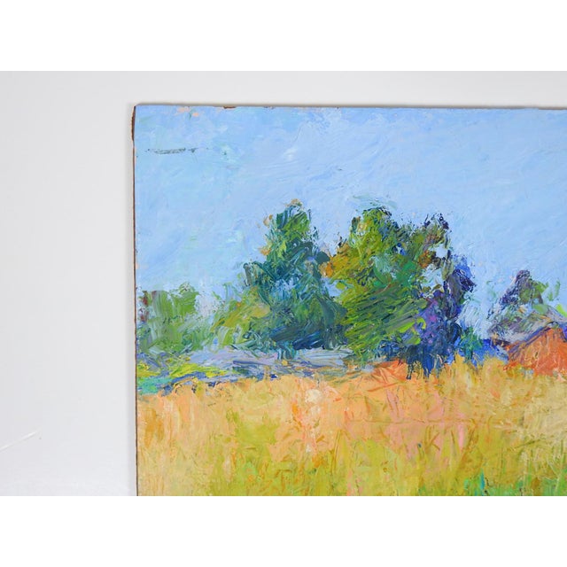Late 20th century oil on masonite plein air impressionist landscape with red barn painting by Joan Jardine (1935–2025)...