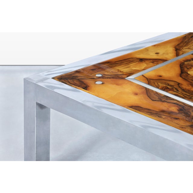 Wood Monumental Oyster Burl Wood and Aluminum Coffee Table, 1970s For Sale - Image 7 of 14