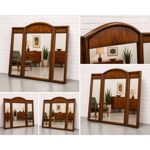 Large Mid Century Modern Walnut Three Panel Mirror, C. 1960's For Sale In New York - Image 6 of 9