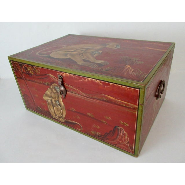 English Anglo-Indian, Asian Hand-Crafted & Painted Large Lidded Storage/Chest With Brass Hardware For Sale - Image 3 of 18