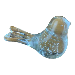 Vintage 1980s Clear Art Glass Bird Paperweight With Controlled Bubbles