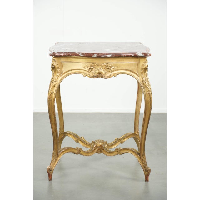 French Side Table with Gold-Colored Wooden Frame and Marble Table For Sale - Image 3 of 16