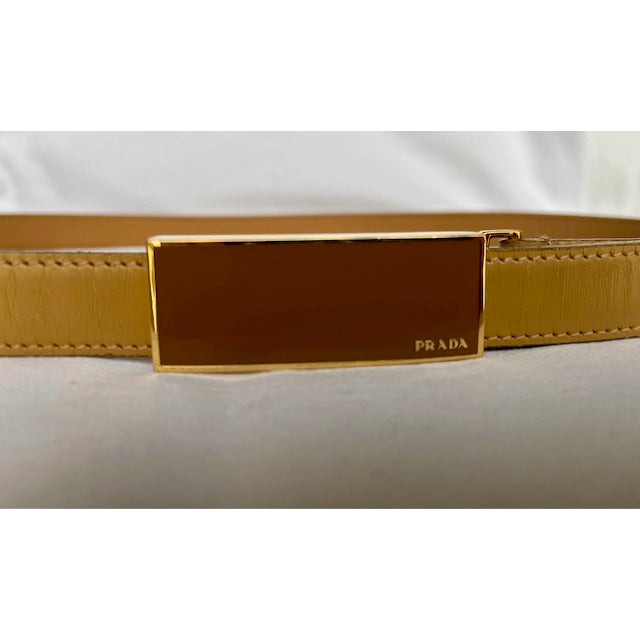 2000 - 2009 Vintage Prada Leather Belt, Mustard/Gold/Tan, Adjustable Gold & Brown Enamel Buckle, Made in Italy For Sale - Image 5 of 12