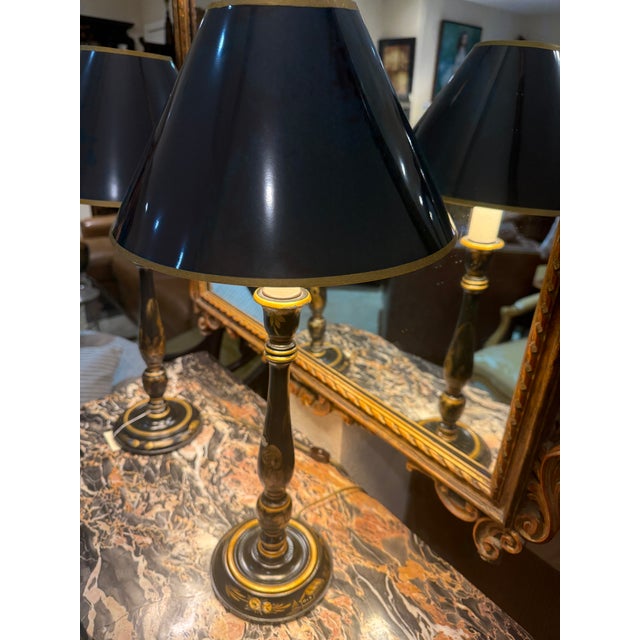 Pair of Chinoiserie Hand Painted Candlestick Lamps with Black Paper Shades