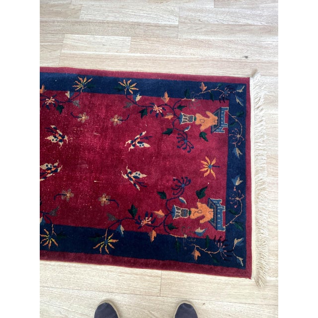Textile Antique Art Deco Chinese Wool Rug, Butterflies & Crimson Field, C. 1920s — 2'11" × 4'10" For Sale - Image 7 of 10