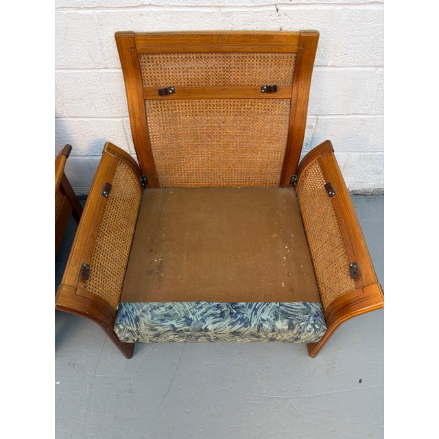 Blue Vintage Modern Patterned Wood and Cane Lounge Chairs For Sale - Image 8 of 13