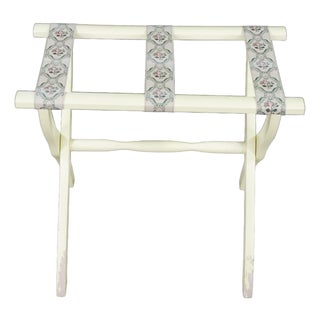 Gate House Ivory Contour Leg Wood Luggage Rack With 3 Petit Point Straps For Sale