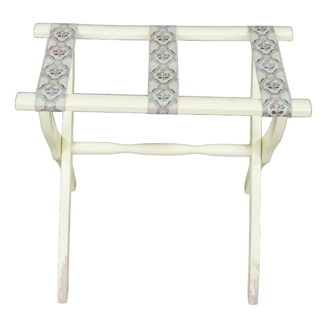Gate House Ivory Contour Leg Wood Luggage Rack With 3 Petit Point Straps For Sale