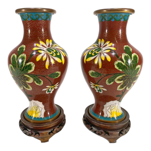 Pair of 1950s Chinese Cloisonne & Wood Base Vases