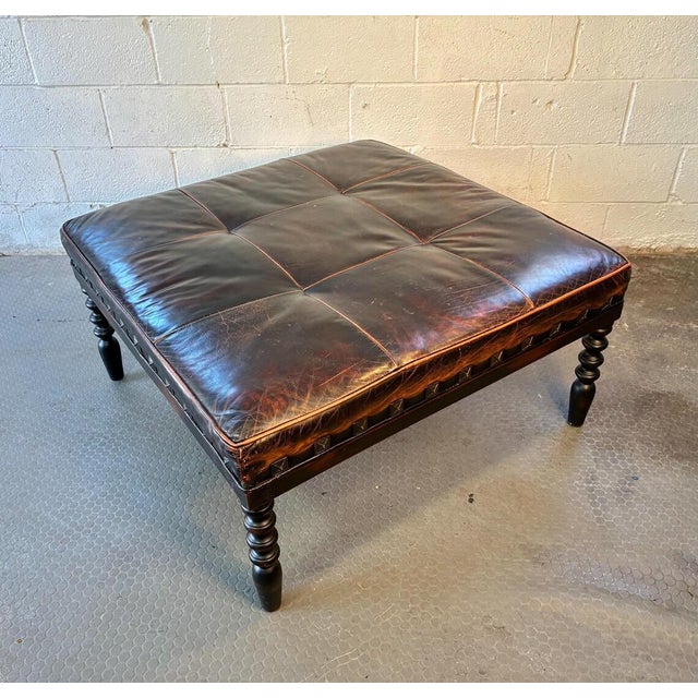 Brown Luxury Large Shabby Chic Leather Ottoman | Vintage Leather Footstool | Nailhead Detail | Turned Spindle Legs | Rich Patina For Sale - Image 8 of 10