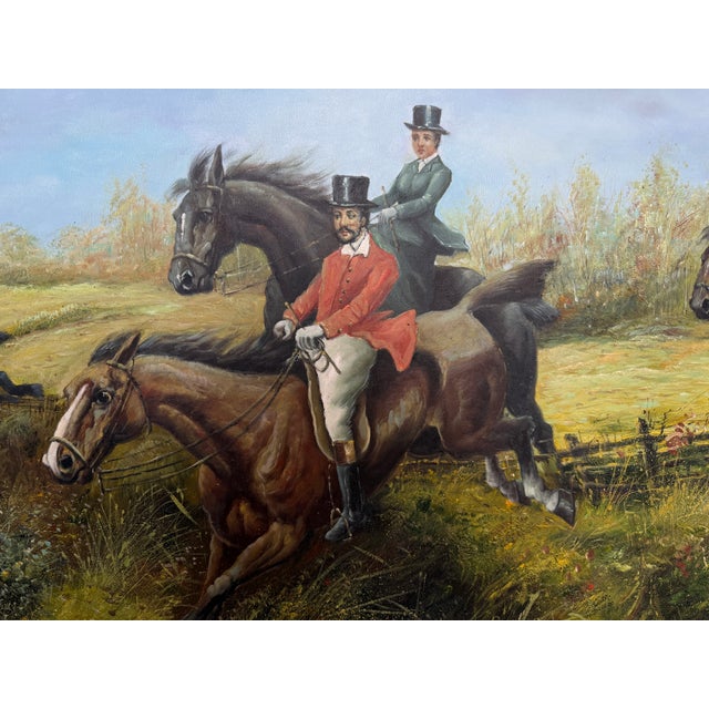 Late 20th Century Huge Equestrian Fox Hunt Oil Painting, English Hunting Scene Art, Framed, Signed For Sale - Image 5 of 15