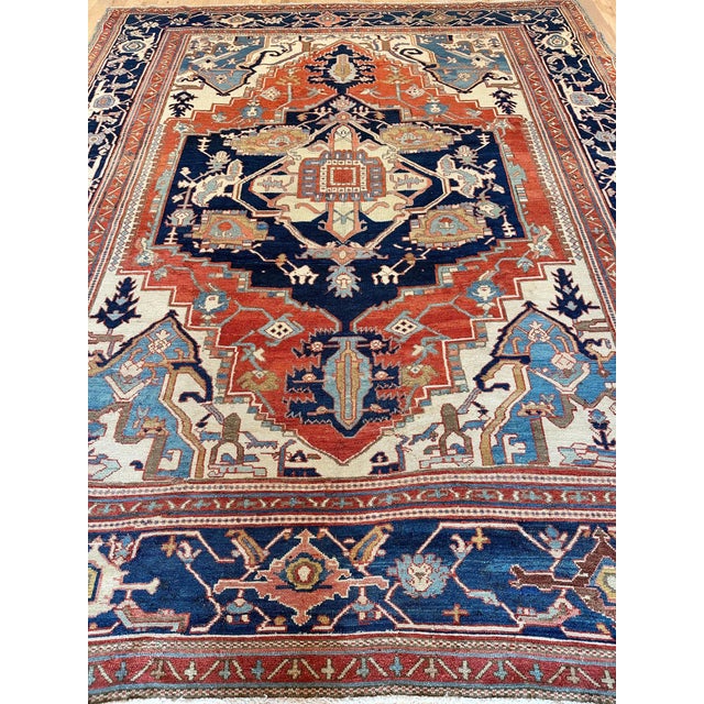 Antique Persian Serapi Carpet Handmade Oriental Rug Light Blue, Ivory, Rusty Red For Sale - Image 11 of 18