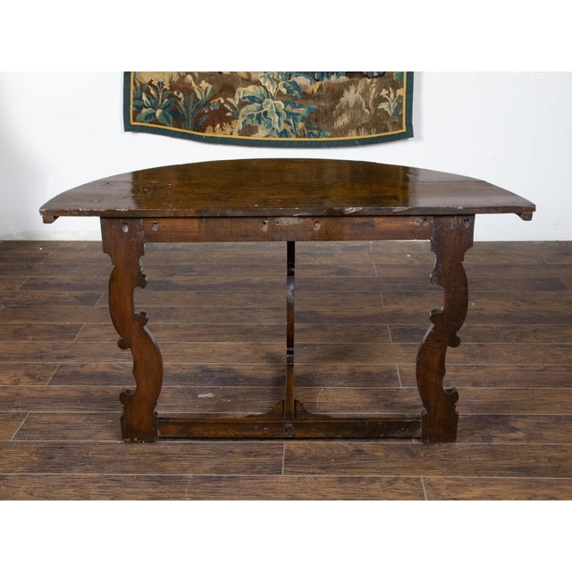 Large Italian Baroque Style 18th Century Walnut Demilune Table with Carved Legs For Sale - Image 10 of 12