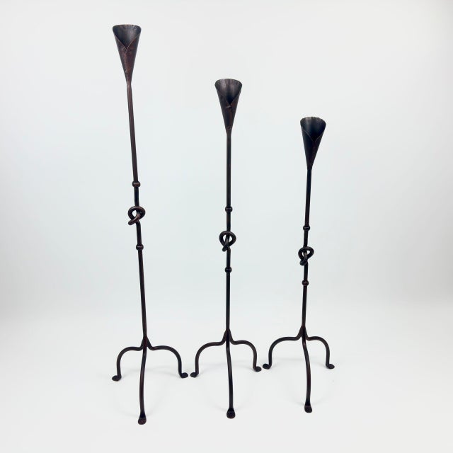 Metal Hand Forged Iron Candelabra Set of 3 (90-110cm) Antique Copper Finish Knotted Stem with Conic Cup For Sale - Image 7 of 7