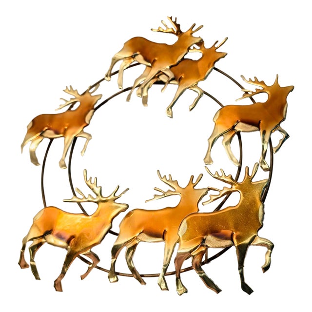 Vintage Brass & Copper Reindeer 15.5" Holiday Wreath For Sale
