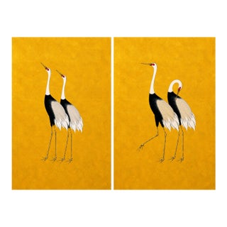 Japanese Crane Diptych, Oversized Gold Wall Art Collection, 32" X 48" For Sale