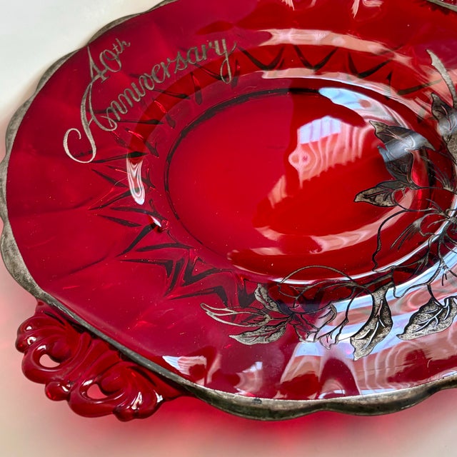 1960s Vintage 40th Anniversary Ruby Red Glass Handled Plate With Silver Floral Overlay, 13” For Sale - Image 5 of 9