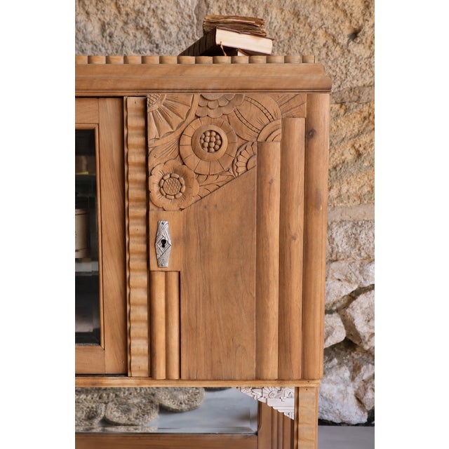 Rustic Art Deco Walnut Display Cabinet with Carved Decorations and Brass Details, 1930s For Sale - Image 3 of 11