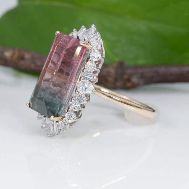 10Ct Bi-Color Tourmaline Ring With Lab Diamond Accents: Solid 14k Gold, 17x10mm, Size 6.75 For Sale In Columbus - Image 6 of 9