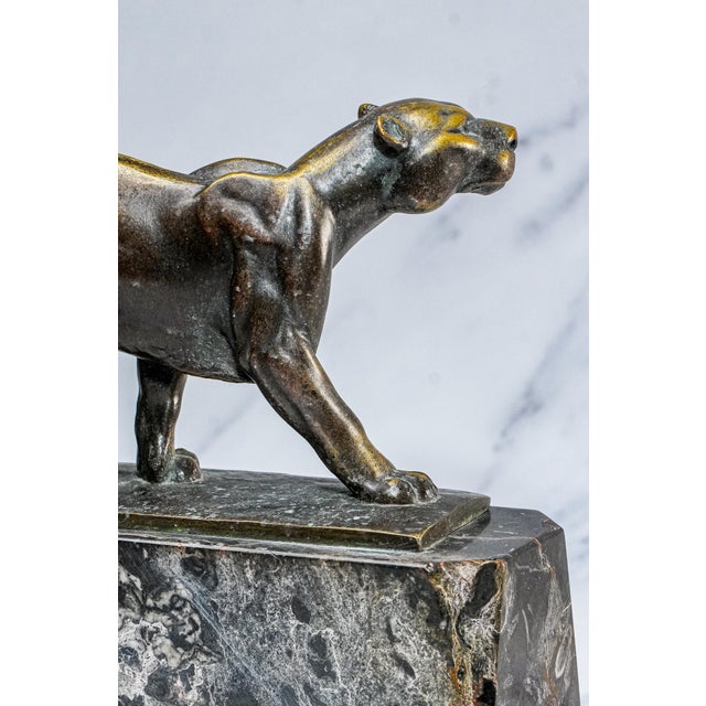 Commanding Art Deco Style Antique Bronze Panther Statue Sculpture Marble Base Luxury Home Decor For Sale - Image 14 of 18