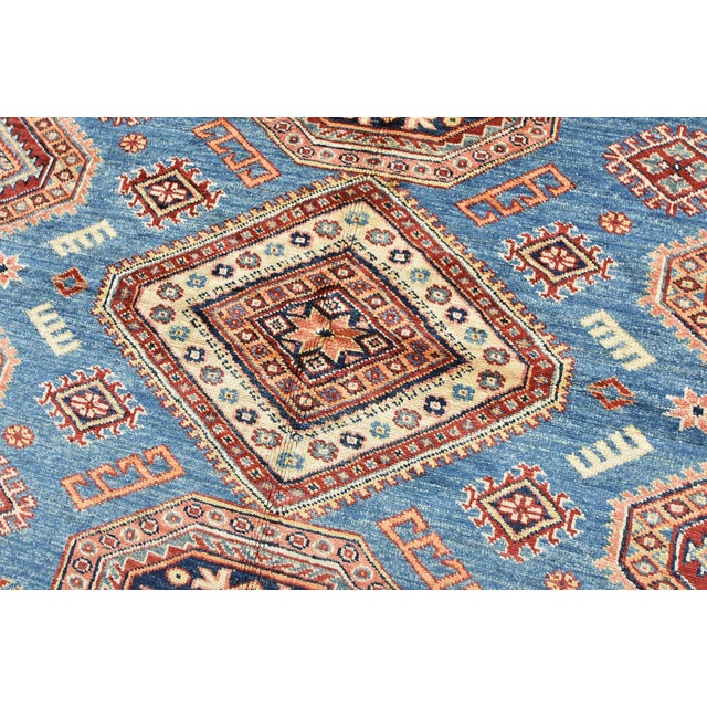 Textile Fine Kazak Rug 5’2” X 6’2” Blue Wool Tribal Hand-Knotted Oriental Carpet For Sale - Image 7 of 12