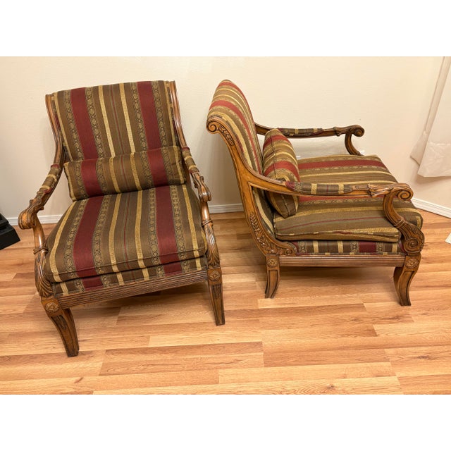 What a rare find to see these Ethan Allen Roma Italian carved lounge chairs on the market today. The makers mark/tag can...