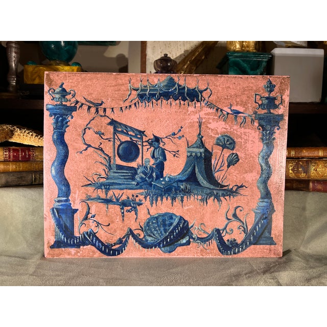 Wood French Chinoiserie Chic Style Blue on Pink Whimsical Oil on Wood Panel Painting For Sale - Image 7 of 12