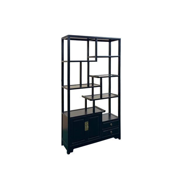 Asian Oriental Asymmetrical Black Lacquer Shelving Display Cabinet Divider For Sale - Image 3 of 9
