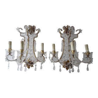 Italian Big Beaded Crystal Prisms Murano Drops Sconces Gold Gilt Metal C1900 For Sale