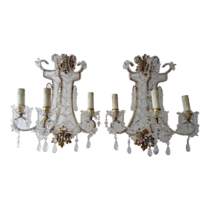 Italian Big Beaded Crystal Prisms Murano Drops Sconces Gold Gilt Metal C1900