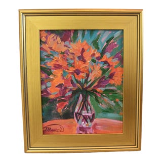 Impressionist Abstract Orange Floral Bouquet Painting Including the Antiqued Gold Wood Frame For Sale