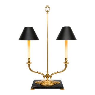 Haig Solid Brass Two-Light Bouillotte Table Lamp With Black Shades & Marble Base For Sale