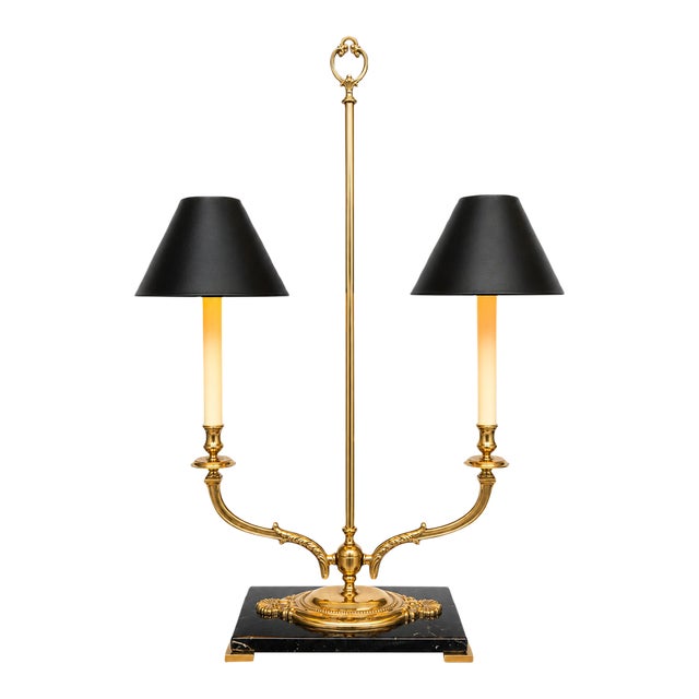 Haig Solid Brass Two-Light Bouillotte Table Lamp With Black Shades & Marble Base For Sale