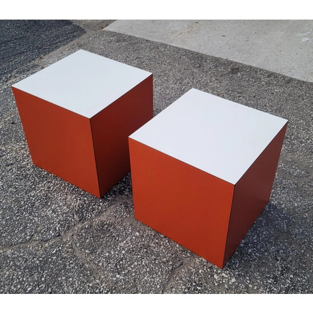 Mid 20th Century Vintage Postmodern Orange with White Top Laminate Cube Side Tables - a Pair For Sale In Washington DC - Image 6 of 7