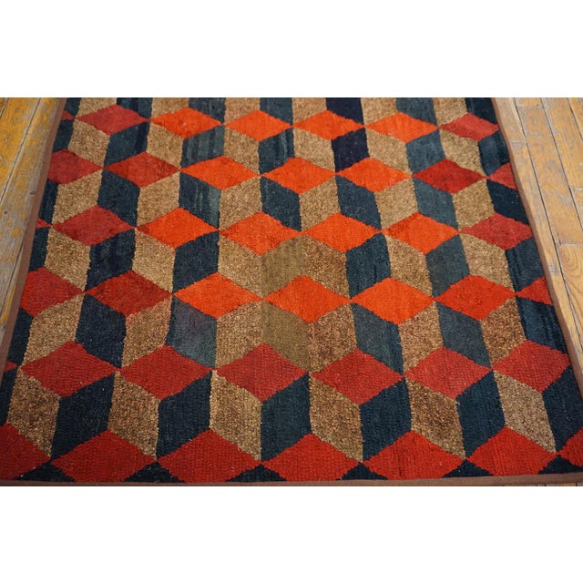 Textile Small Size Happy Red Blue and Tan Color Geometric Tumbling Block Pattern Antique Early 20th Century American Hooked Folk Art Rug For Sale - Image 7 of 10