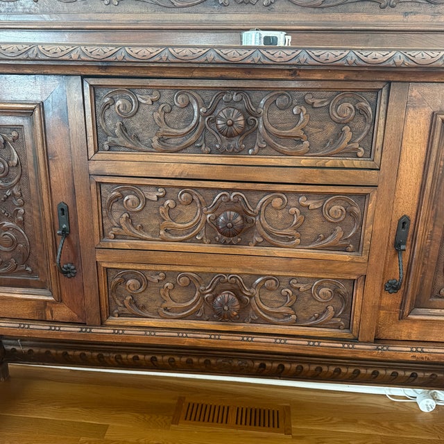 Wood Antique American Renaissance Revival Carved Oak Sideboard Buffet, Circa 1890–1910 For Sale - Image 7 of 9