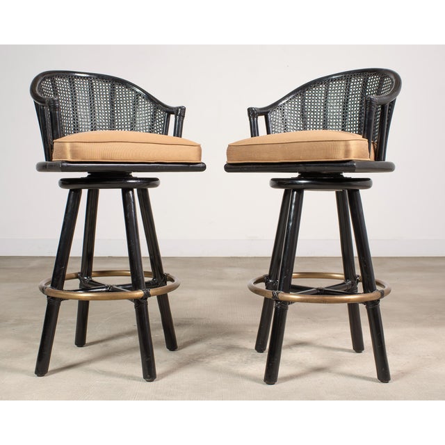 Wood Pair of McGuire Lacquered Rattan Cane Swivel Barstools For Sale - Image 7 of 18