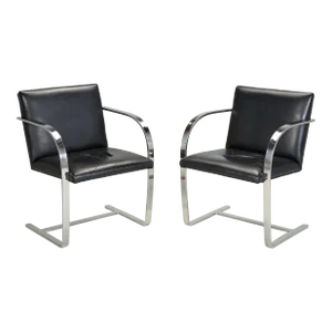 Pair of Mies Van Der Rohe Brno Style Flat Bar Black Leather Style Chairs