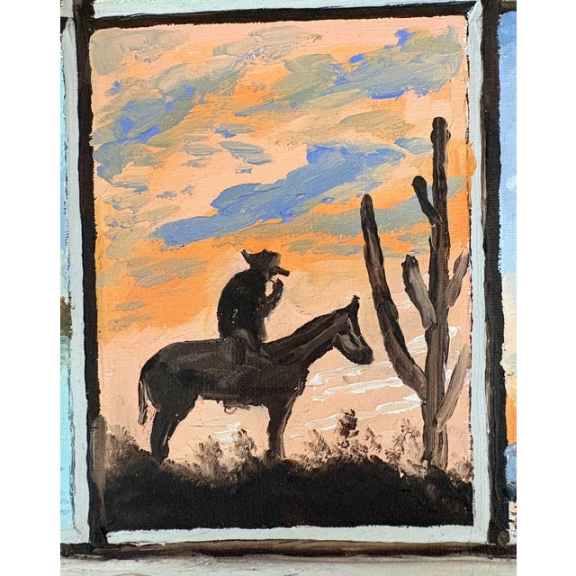 A very original and inspired painting with individual panes of a window looking into the past of the old American West....