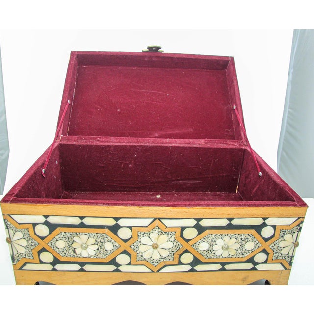 Moroccan Dowry Box Inlaid With White Camel Bone Rectangular Carved Wood Trunk For Sale - Image 10 of 12