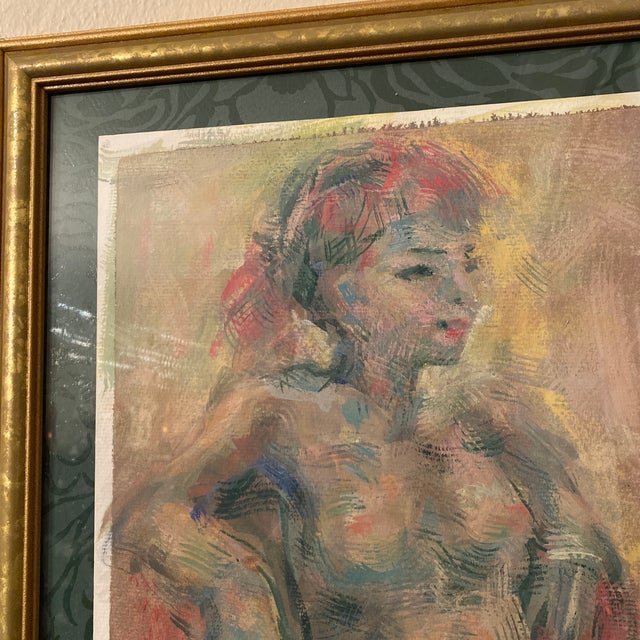 Wood Vintage Abstract Nude Portrait Painting on Paper Signed For Sale - Image 7 of 9