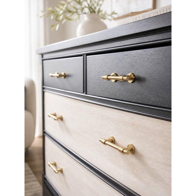 Contemporary Late 20th Century Refinished Modern Black & Bleached Wood 5-Drawer Dresser With Brass Hardware For Sale - Image 3 of 3