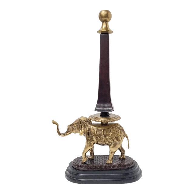 Vintage Brass Elephant Sculpture With Finial 20.5" Safari Luxe Animal Decor Hollywood Regency & Colonial Revival Accent For Sale