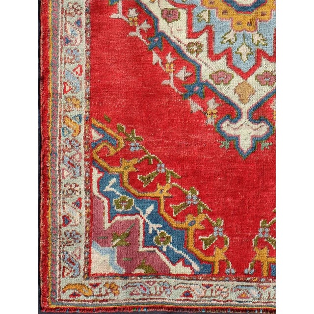 Tribal Antique Turkish Oushak Small Rug in Bright Red, Blue, Lavender, Orange & Green For Sale - Image 3 of 7