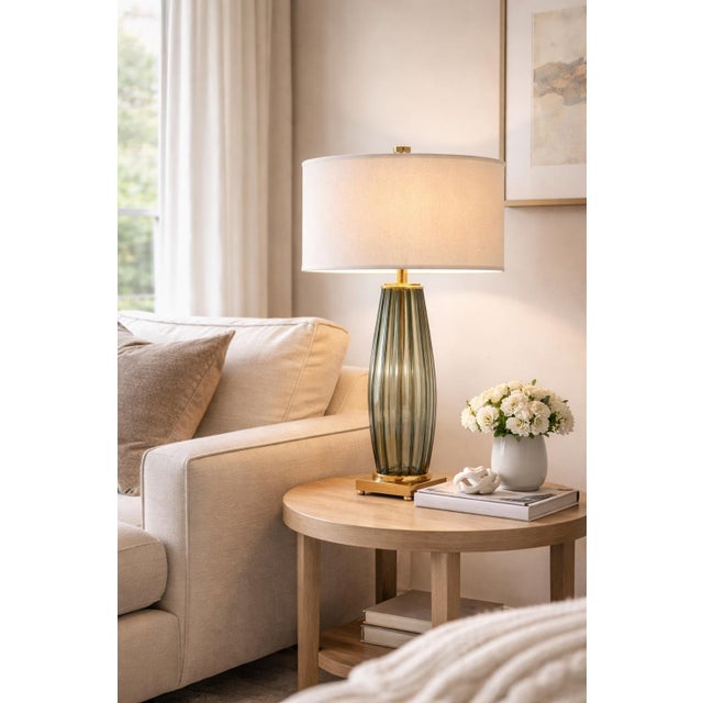 Late 20th Century Extra-Tall Ribbed Smoky Glass & Solid Brass Table Lamps – 31” Designer Scale - a Pair For Sale - Image 4 of 12