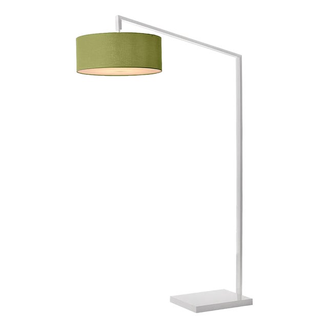 Stretch 75"h 1-Light Chairside Arc Lamp, Avocado Linen Shade, White Body, Dimmable, for Living Room or Bedroom For Sale