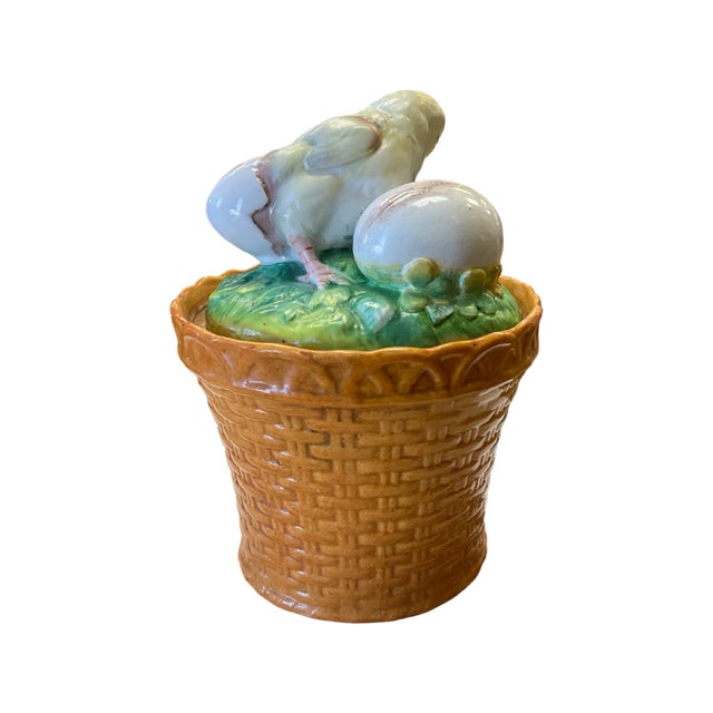 Early 20th Century Staffordshire Porcelain Orange/Brown Basket with Hatching Yellow Chick/Eggs Lid on Green Grass. This...
