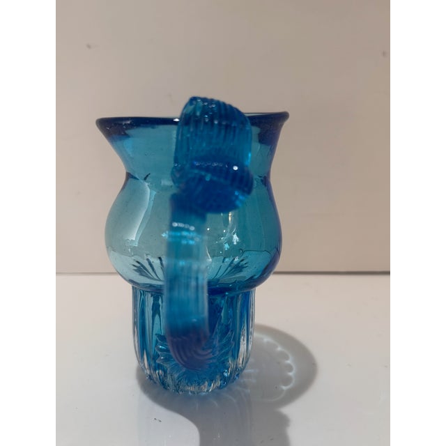 Modern Vintage Murano Aqua Art Glass Small Pitcher With Ribbed Handle For Sale - Image 3 of 7