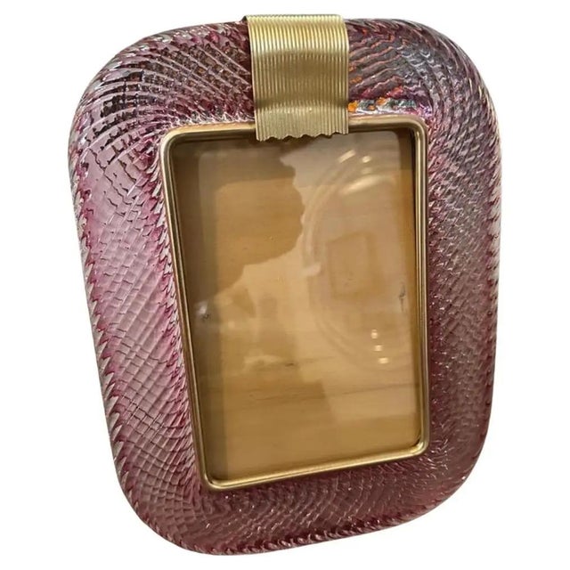 Art Deco 1990s Barovier Style Art Deco Pink Murano Glass and Brass Picture Frame For Sale - Image 3 of 9