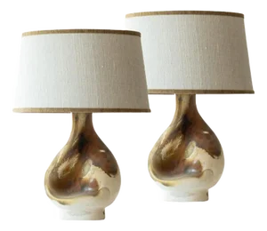 Organic-Shaped Ceramic Table Lamps with Ecru Lampshades attributed to R. Houben, 1960s, Set of 2